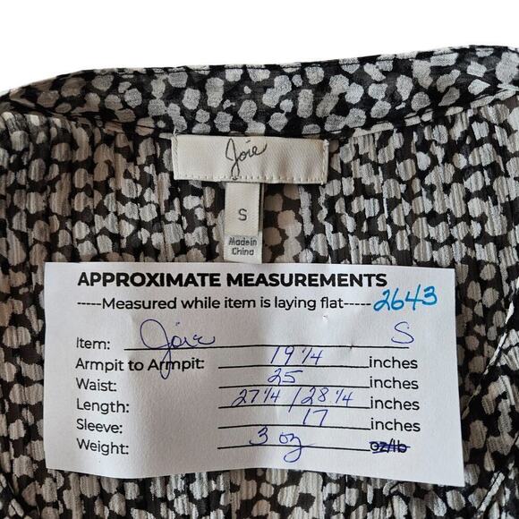 Joie Womens Top Small Black White Printed 3/4 Sleeve Button Front V Neck Blouse - Picture 13 of 13